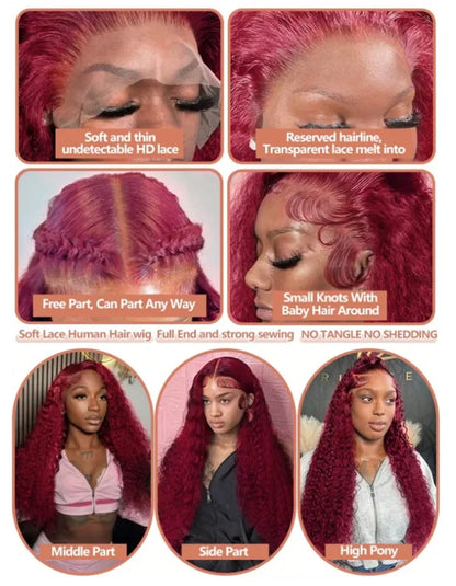 Burgundy 30Inch Deep Wave 99J Lace Front Wigs Human Hair Wigs 13x4 HD Lace Front Wigs Human Hair Pre Plucked Burgundy Wig