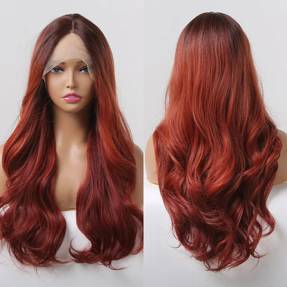 Long Wavy Transparent Lace Front Synthetic Wigs Brown Golden Ombre Lace Frontal Wig for Black Women Natural Cosplay Closure Hair