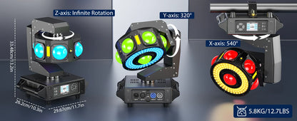 Fieryzeal 160W RGBW Beam Moving Head Light 3-Axis LED Stage Light 360 Rotation DMX Strobe Effect for DJ Disco Wedding Party