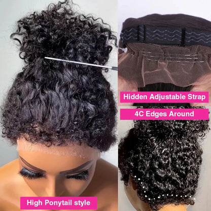 4C Edges Invisible Strap 360 HD Full Lace Frontal Glueless Wig Kinky Curly Human Hair Wig 30 Inch Deep Wave Curly Lace Front Wig