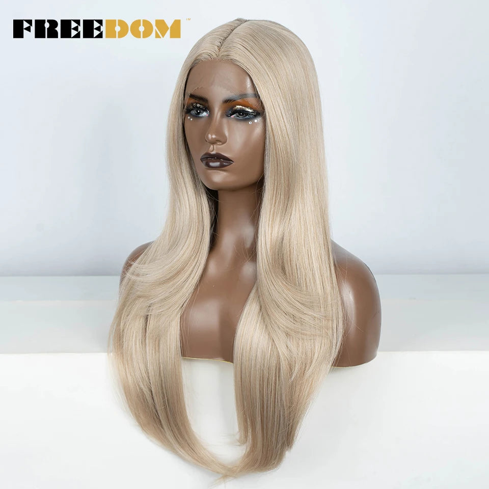 FREEDOM 28 Inch Straight Synthetic Lace Front Wigs For Women Ombre Brown Blonde Highlight Layer Cosplay Lace Wigs Heat Resistant