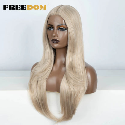 FREEDOM 28 Inch Straight Synthetic Lace Front Wigs For Women Ombre Brown Blonde Highlight Layer Cosplay Lace Wigs Heat Resistant