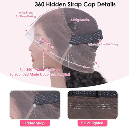 360 Lace Front Wigs Human Hair with Drawstring Pre Plucked Hidden Strap 360 HD Full Lace Body Wave Frontal Wig Glueless Wigs
