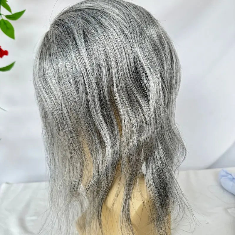 Pwigs 12 Inch Full French Lace Men Toupee 1b80 20% Human Black Hair Mixed with 80% Synthetic Gray European Hair System
