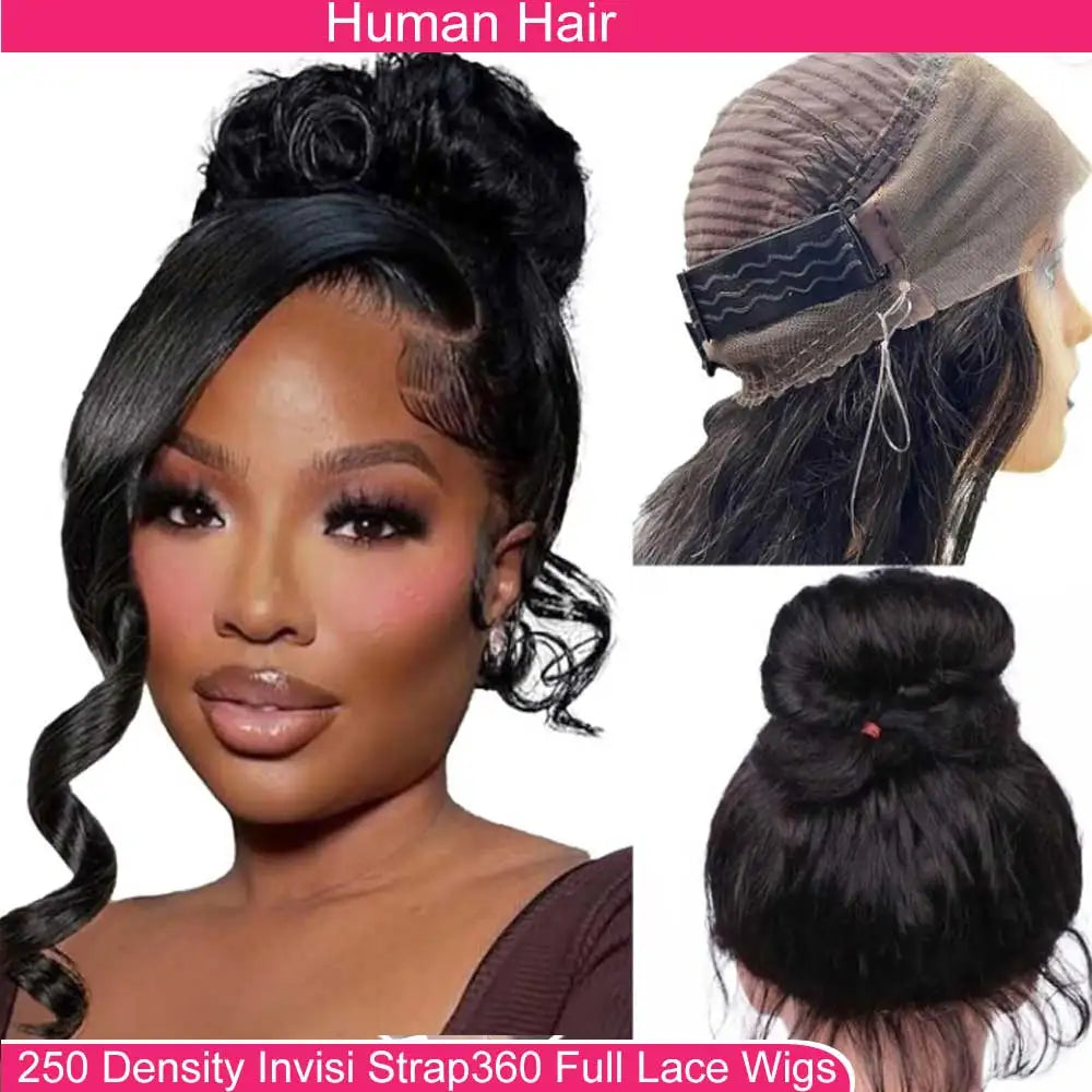 360 Lace Front Wigs Human Hair with Drawstring Pre Plucked Hidden Strap 360 HD Full Lace Body Wave Frontal Wig Glueless Wigs