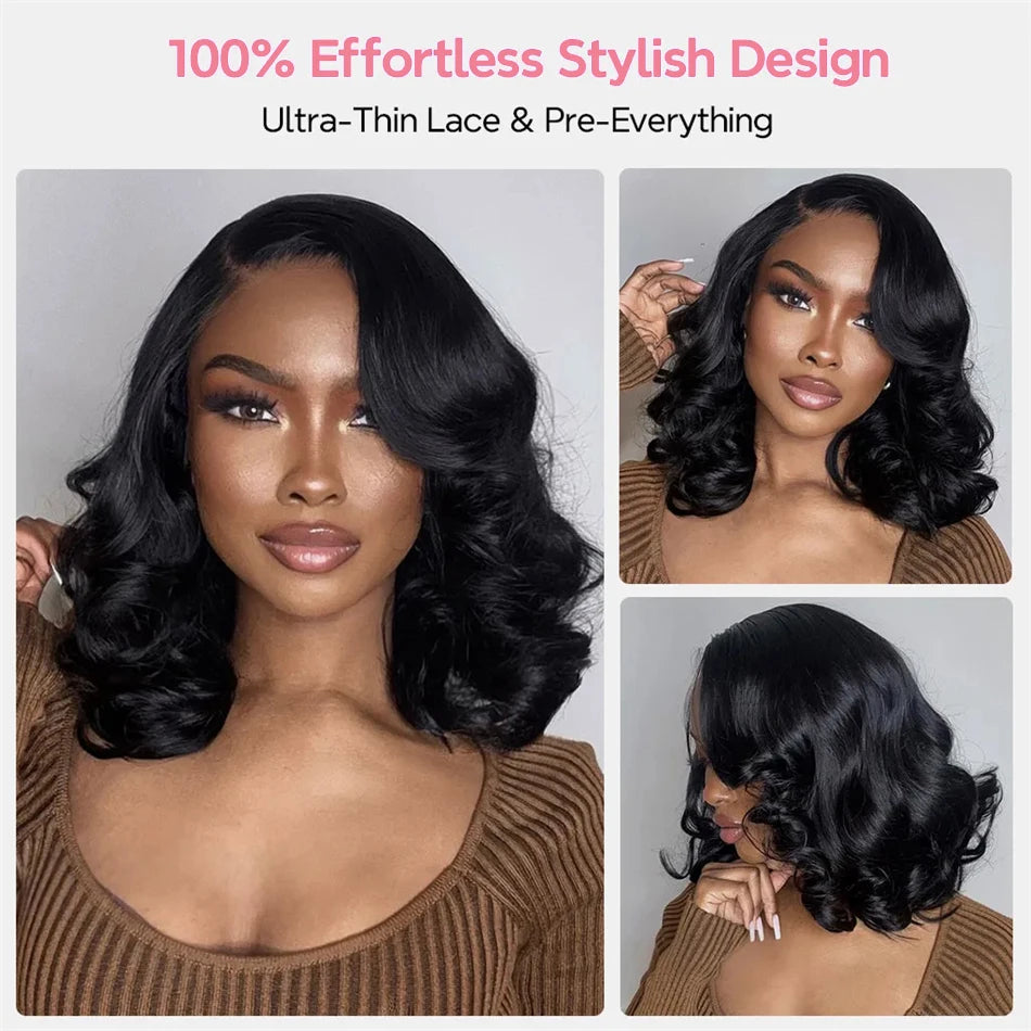 Body Wave 13x4 HD Lace Front Wigs Human Hair 200% Density Bob Wig Human Hair Pre Plucked Short Bob Wigs For Black Women 4x4 Lace Closure Frontal Wig Human Hair Natural Black Loose Wavy 14 Inch Bob Wigs