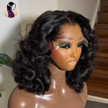 Body Wave 13x4 HD Lace Front Wigs Human Hair 200% Density Bob Wig Human Hair Pre Plucked Short Bob Wigs For Black Women 4x4 Lace Closure Frontal Wig Human Hair Natural Black Loose Wavy 14 Inch Bob Wigs