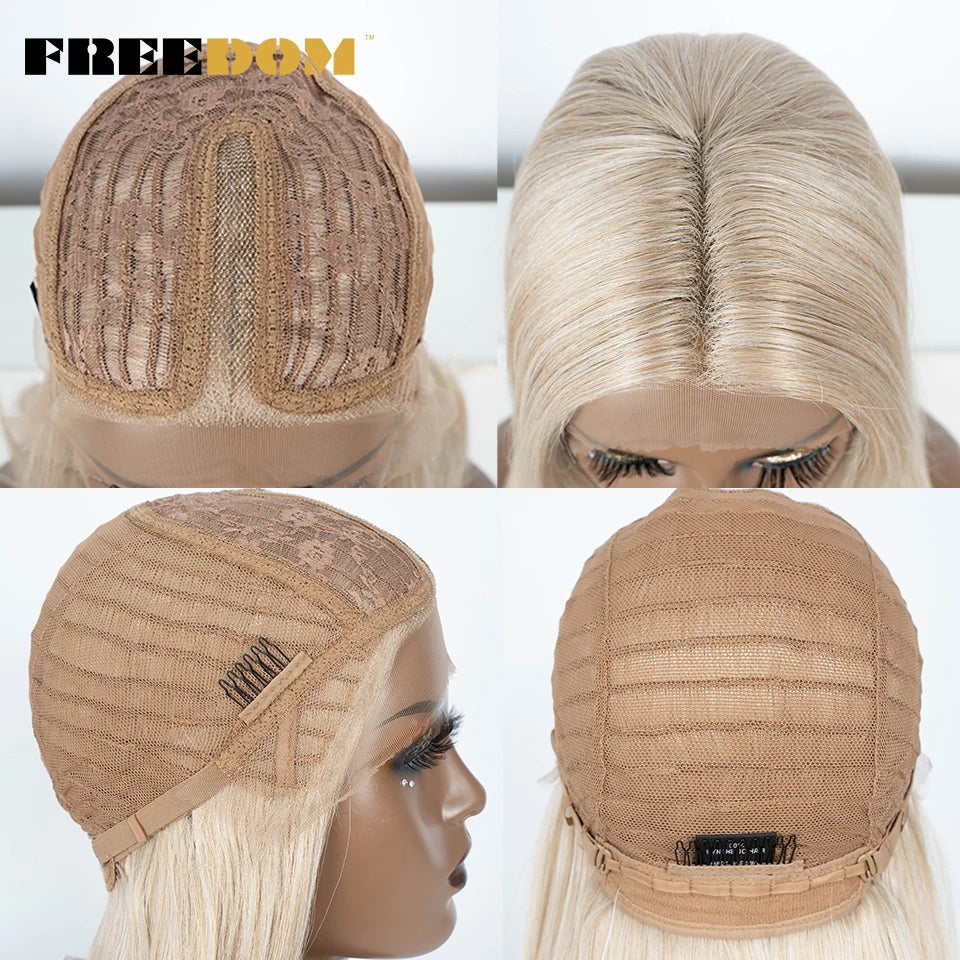FREEDOM 28 Inch Straight Synthetic Lace Front Wigs For Women Ombre Brown Blonde Highlight Layer Cosplay Lace Wigs Heat Resistant