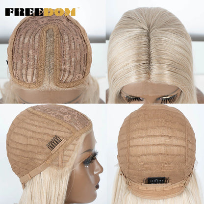 FREEDOM 28 Inch Straight Synthetic Lace Front Wigs For Women Ombre Brown Blonde Highlight Layer Cosplay Lace Wigs Heat Resistant