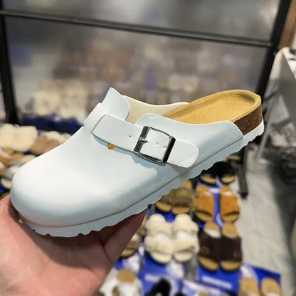Women Men Suede Leather Clogs Adjustable Buckle Cork Footbed Non-slip Casual Mules Slippers