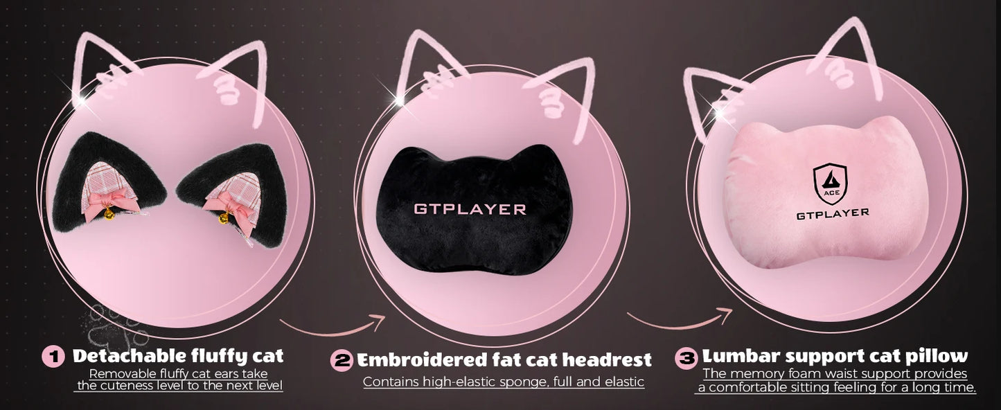 Cat Ear Gaming Chair: Cute Ergonomi Computer Chair with Cat Embroidery, Adjustable Memory Foam Lumbar Support & Headrest