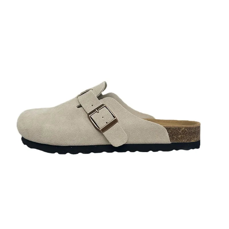 Women Men Suede Leather Clogs Adjustable Buckle Cork Footbed Non-slip Casual Mules Slippers