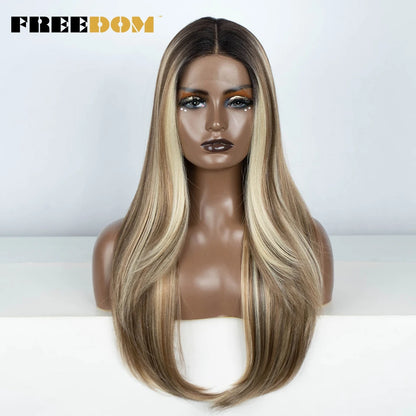FREEDOM 28 Inch Straight Synthetic Lace Front Wigs For Women Ombre Brown Blonde Highlight Layer Cosplay Lace Wigs Heat Resistant