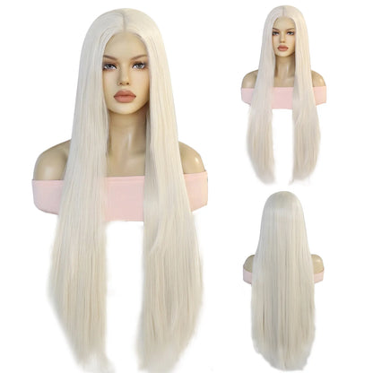 13x3.5x1 HD Lace Front Wig Platinum White Extra Long Straight Synthetic Wig Pre Plucked Hairline Free Part Cosplay Daily Wig