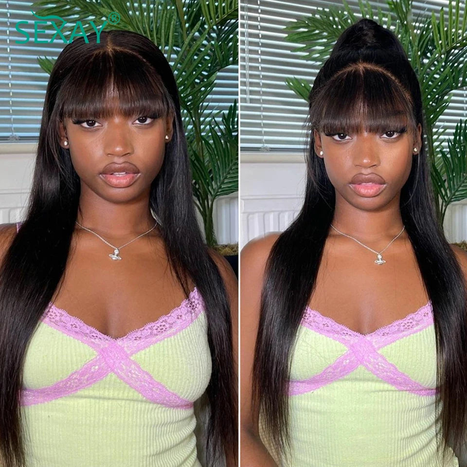 Natural Scalp Lace Front Wig With Bangs 180 Density Sexay Brazilian Straight Human Hair Bang Wigs Pre Plucked Lace Frontal Wigs
