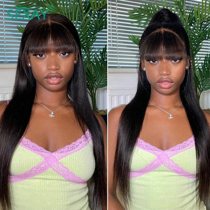 Natural Scalp Lace Front Wig With Bangs 180 Density Sexay Brazilian Straight Human Hair Bang Wigs Pre Plucked Lace Frontal Wigs