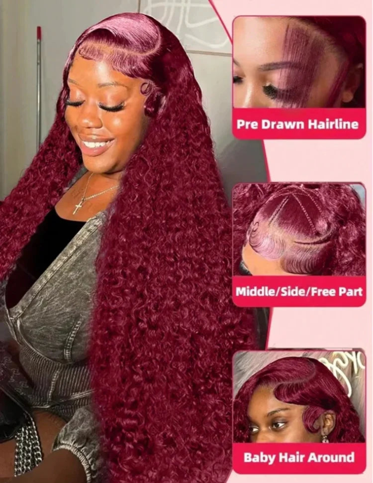 Burgundy 30Inch Deep Wave 99J Lace Front Wigs Human Hair Wigs 13x4 HD Lace Front Wigs Human Hair Pre Plucked Burgundy Wig