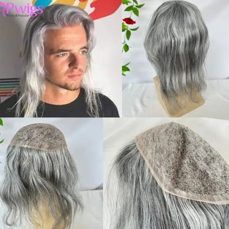 Pwigs 12 Inch Full French Lace Men Toupee 1b80 20% Human Black Hair Mixed with 80% Synthetic Gray European Hair System