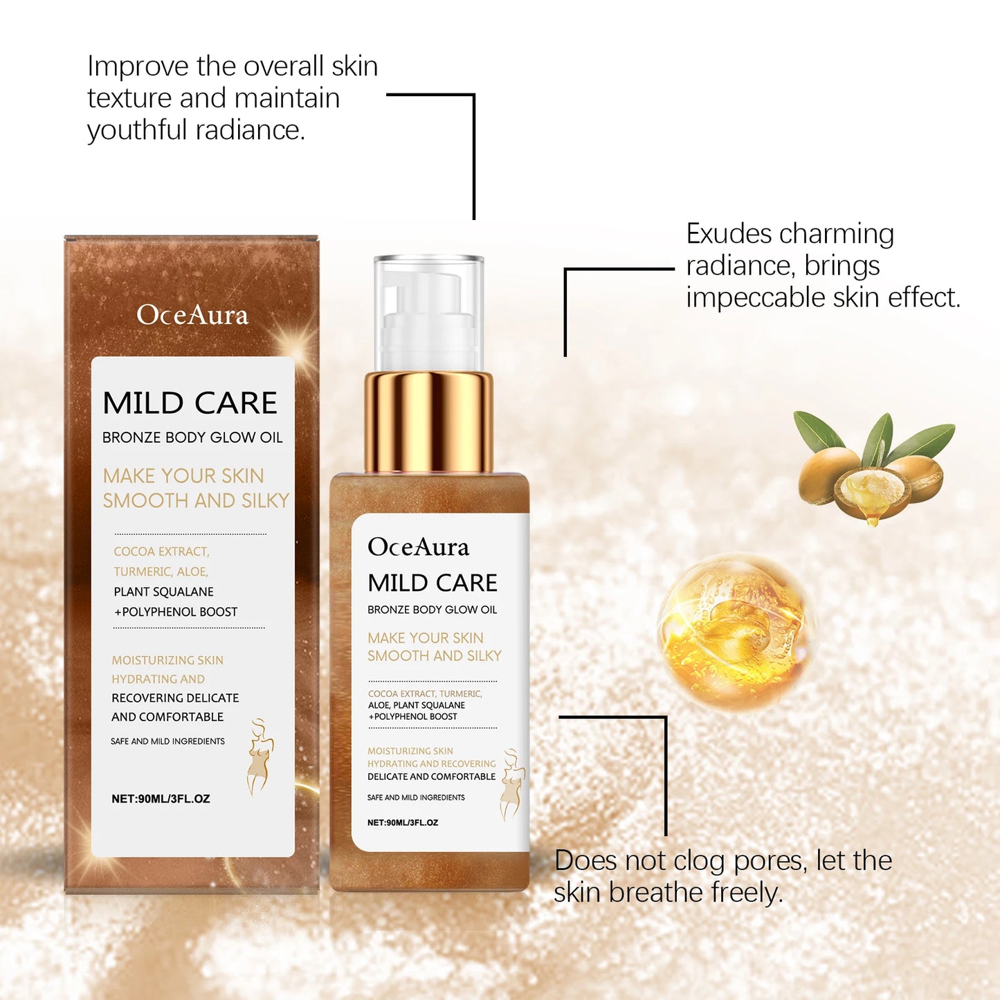 Oceaura Bronze Body Glow Oil Enhance Skin Bright Luster Deep Moisturizing Improve Roughness Softening Smoothing Body Shimmer Oil