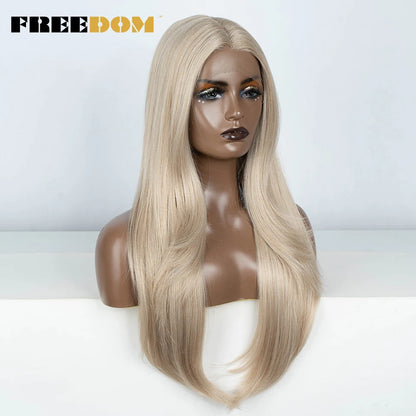 FREEDOM 28 Inch Straight Synthetic Lace Front Wigs For Women Ombre Brown Blonde Highlight Layer Cosplay Lace Wigs Heat Resistant
