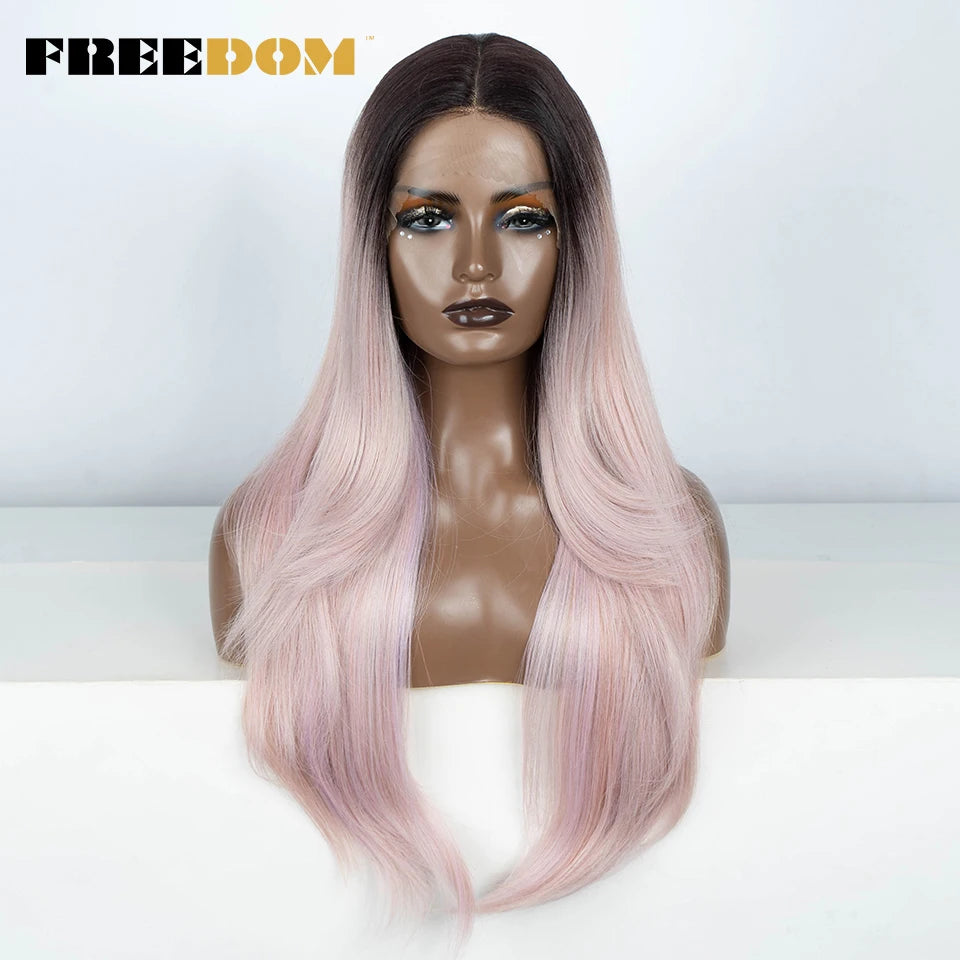 FREEDOM 28 Inch Straight Synthetic Lace Front Wigs For Women Ombre Brown Blonde Highlight Layer Cosplay Lace Wigs Heat Resistant