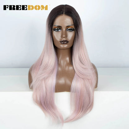 FREEDOM 28 Inch Straight Synthetic Lace Front Wigs For Women Ombre Brown Blonde Highlight Layer Cosplay Lace Wigs Heat Resistant