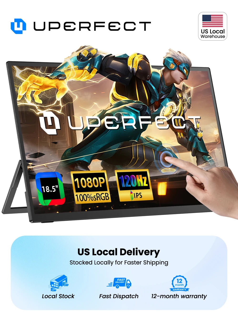 Uperfect 18.5" Touchscreen Portable Monitor 120Hz 100%sRGB HDR FreeSync Gaming Screen Extender for Laptop PC Game Console Travel Display