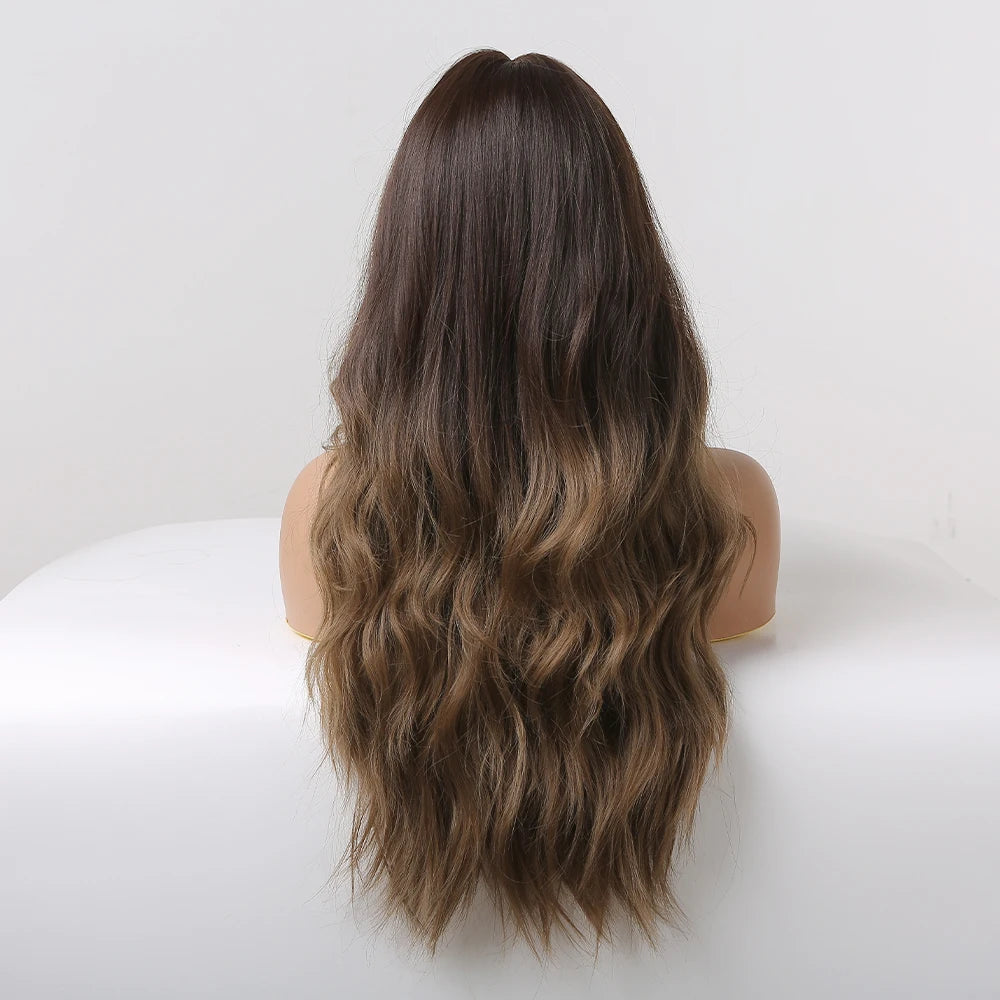 Long Wavy Transparent Lace Front Synthetic Wigs Brown Golden Ombre Lace Frontal Wig for Black Women Natural Cosplay Closure Hair