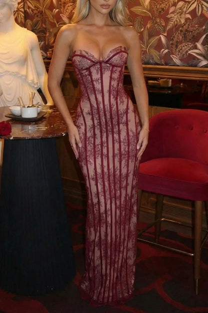Elegant Women's Strapless Lace Long Dress Sexy Corset Maxi Dresses Summer Evening Party Cocktail Prom Wedding Guest Red Black