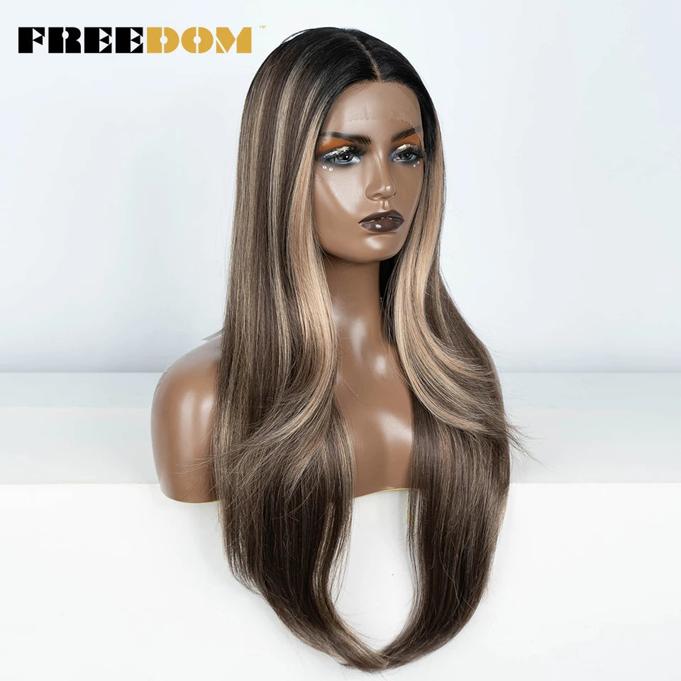 FREEDOM 28 Inch Straight Synthetic Lace Front Wigs For Women Ombre Brown Blonde Highlight Layer Cosplay Lace Wigs Heat Resistant