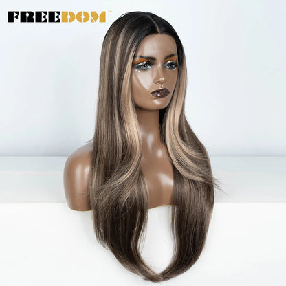 FREEDOM 28 Inch Straight Synthetic Lace Front Wigs For Women Ombre Brown Blonde Highlight Layer Cosplay Lace Wigs Heat Resistant