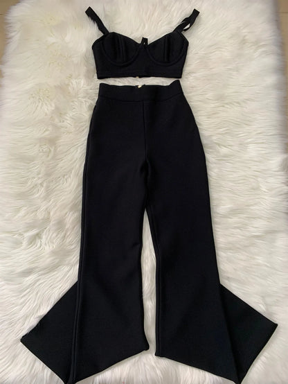 2024 Women New Arrival Sexy Low cut Strap Bra Top+High Waist Flare Pants Two Piece Bandage Set Elgant Fashion Party Wear Vintage
