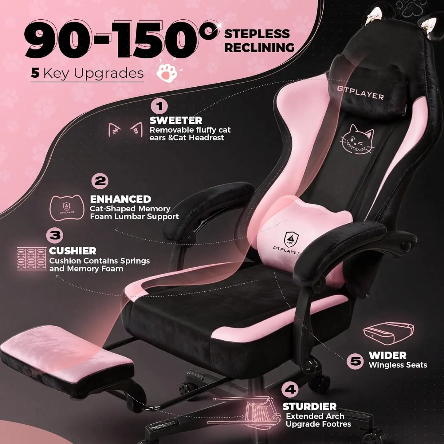 Cat Ear Gaming Chair: Cute Ergonomi Computer Chair with Cat Embroidery, Adjustable Memory Foam Lumbar Support & Headrest