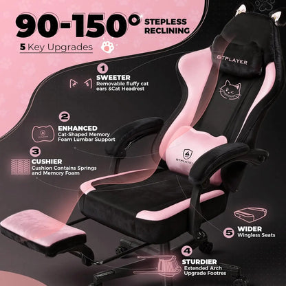 Cat Ear Gaming Chair: Cute Ergonomi Computer Chair with Cat Embroidery, Adjustable Memory Foam Lumbar Support & Headrest