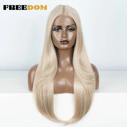 FREEDOM 28 Inch Straight Synthetic Lace Front Wigs For Women Ombre Brown Blonde Highlight Layer Cosplay Lace Wigs Heat Resistant