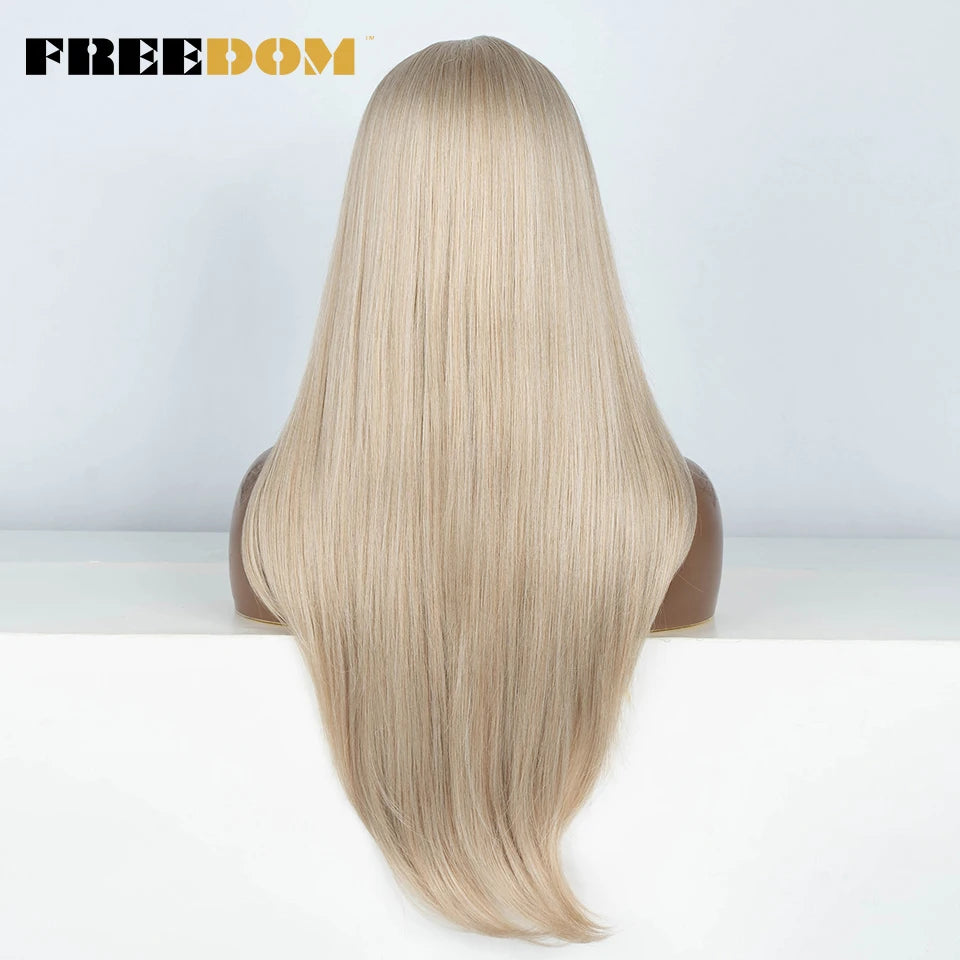 FREEDOM 28 Inch Straight Synthetic Lace Front Wigs For Women Ombre Brown Blonde Highlight Layer Cosplay Lace Wigs Heat Resistant