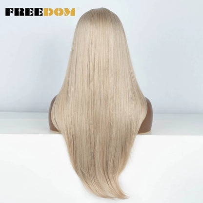 FREEDOM 28 Inch Straight Synthetic Lace Front Wigs For Women Ombre Brown Blonde Highlight Layer Cosplay Lace Wigs Heat Resistant