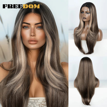 FREEDOM 28 Inch Straight Synthetic Lace Front Wigs For Women Ombre Brown Blonde Highlight Layer Cosplay Lace Wigs Heat Resistant