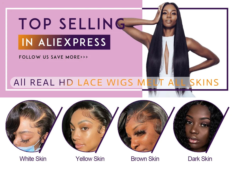 SKINLIKE Real HD Lace Front Wigs Kinky Straight 250% 13x4 Full Frontal Wigs Human Hair Wigs Peruvian Yaki Straight Melt Skins