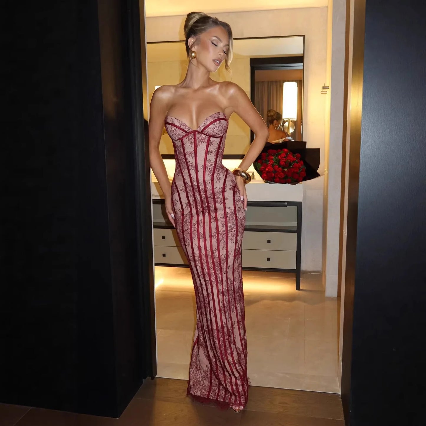 Elegant Women's Strapless Lace Long Dress Sexy Corset Maxi Dresses Summer Evening Party Cocktail Prom Wedding Guest Red Black