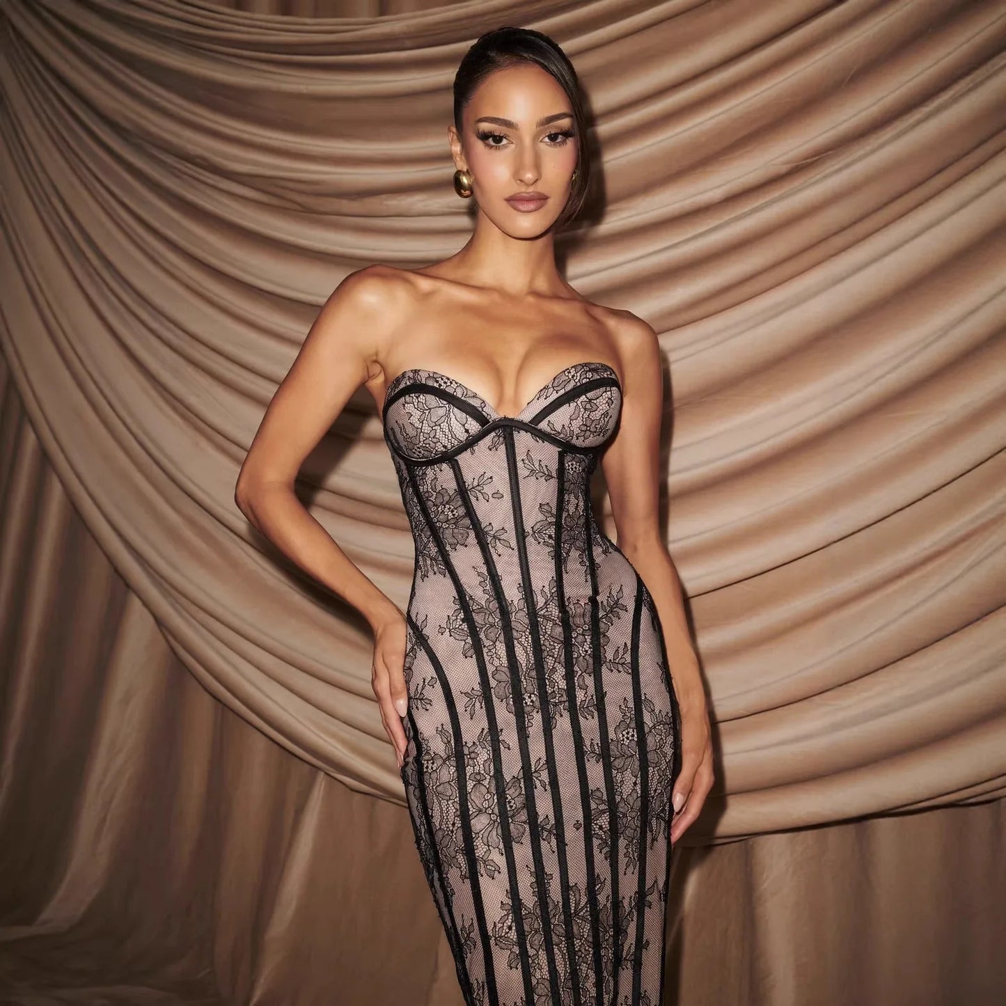 Elegant Women's Strapless Lace Long Dress Sexy Corset Maxi Dresses Summer Evening Party Cocktail Prom Wedding Guest Red Black