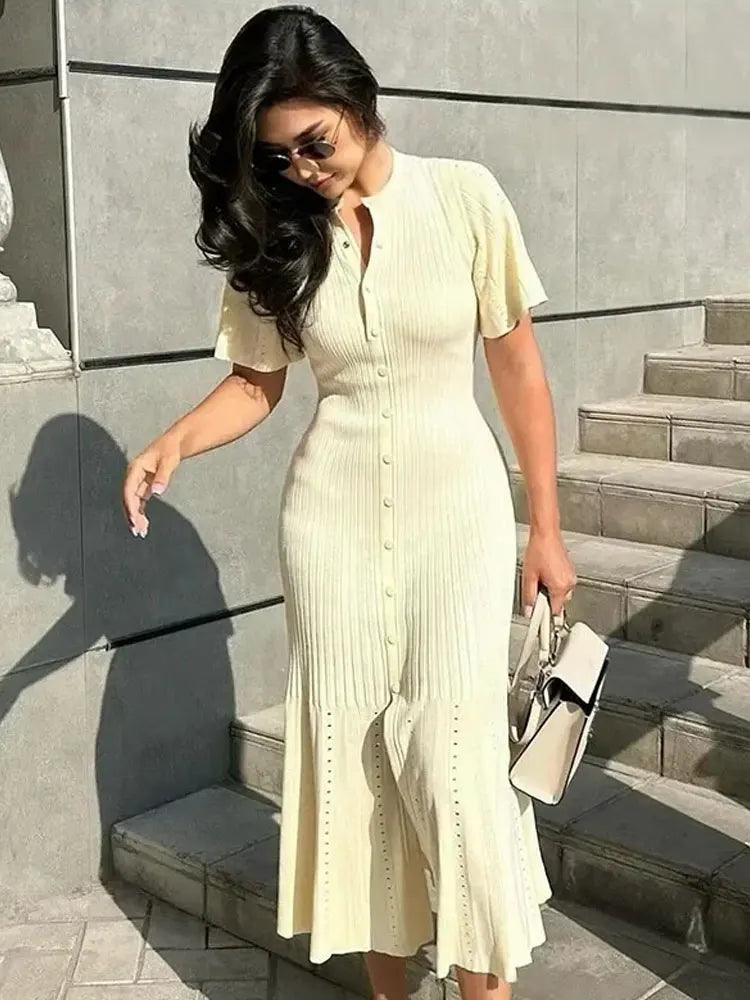 Elegant Knitted Single Breasted Midi Dress Women's Patchwork Dresses Female 2025 Summer Robe New Black Beige Robes Evening Party
