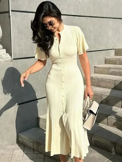 Elegant Knitted Single Breasted Midi Dress Women's Patchwork Dresses Female 2025 Summer Robe New Black Beige Robes Evening Party