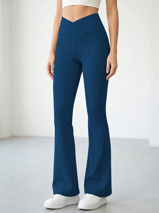 Elegant High-Waisted Solid Color Pants with Built-In Abdominal Support and Vertical Leg-Lifting Design, Made from Soft and Stretchy Fabric Suitable for All Seasons, Perfect for Casual Occasions and Formal Events – Flared Tr