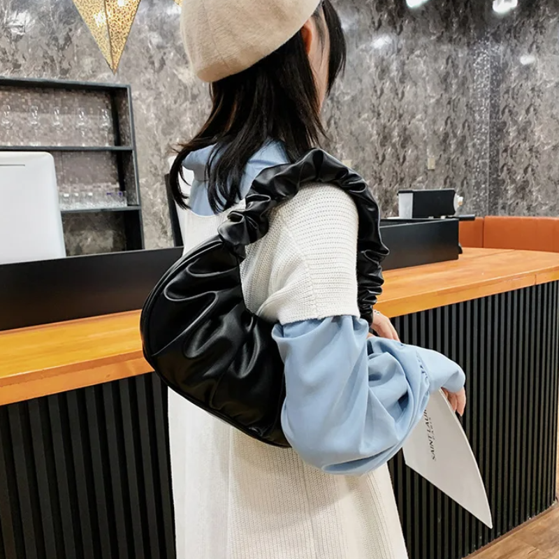 Fashion Pleated Handlebags for Women PU Cloud Bags Leisure Armpit Bag Shopping Shoulder Bags Dumpling Handbag Female Hand Bags