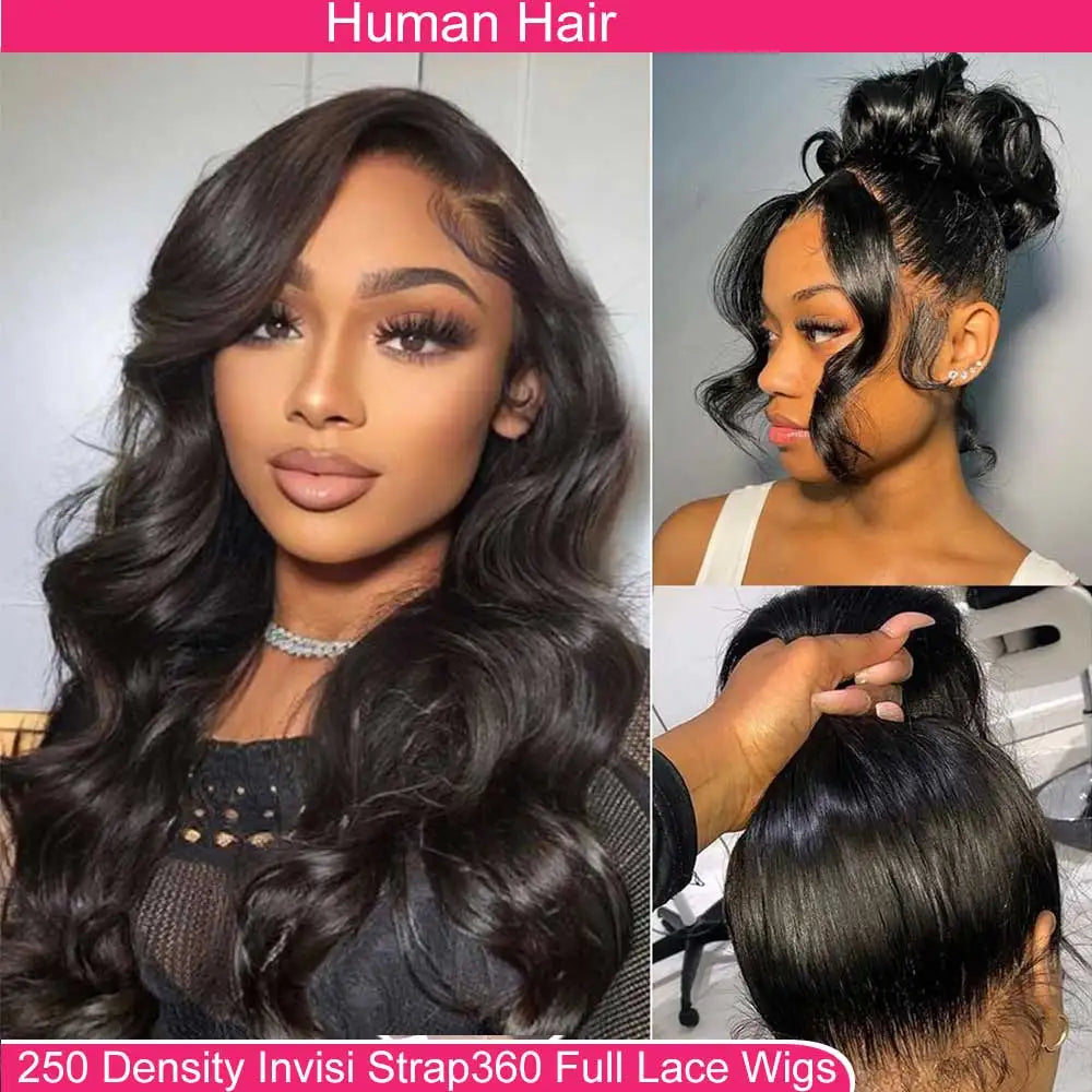 360 Lace Front Wigs Human Hair with Drawstring Pre Plucked Hidden Strap 360 HD Full Lace Body Wave Frontal Wig Glueless Wigs