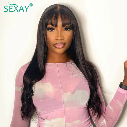 Natural Scalp Lace Front Wig With Bangs 180 Density Sexay Brazilian Straight Human Hair Bang Wigs Pre Plucked Lace Frontal Wigs