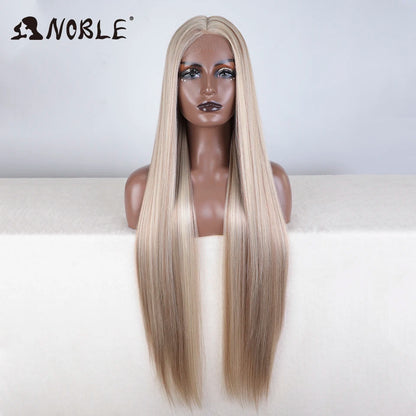 Noble 38 Inch Extra Long Straight Synthetic Lace Front Wig Skunk Stripe Grey White Ombre Glueless Heat Resistant Wig For Women