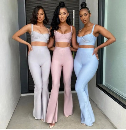 2024 Women New Arrival Sexy Low cut Strap Bra Top+High Waist Flare Pants Two Piece Bandage Set Elgant Fashion Party Wear Vintage