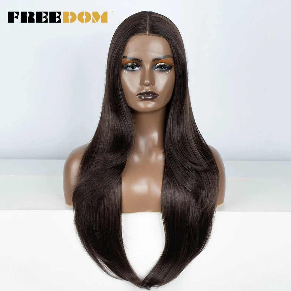 FREEDOM 28 Inch Straight Synthetic Lace Front Wigs For Women Ombre Brown Blonde Highlight Layer Cosplay Lace Wigs Heat Resistant